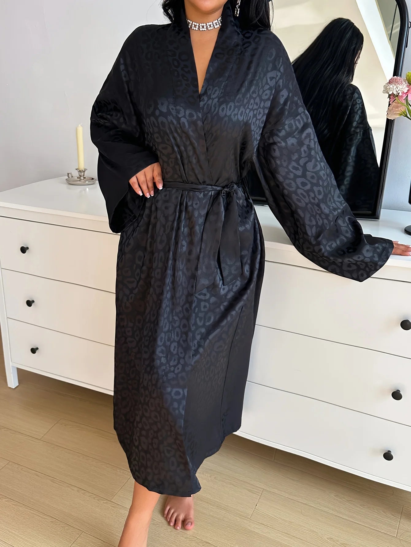 Women's Satin Dressing Gown – Black Leopard Print Robe