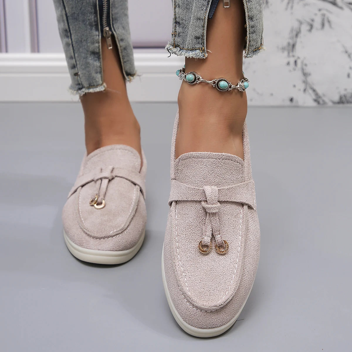 Suede Loafers for Women – Slip On Flat Shoes with Buckle Detail