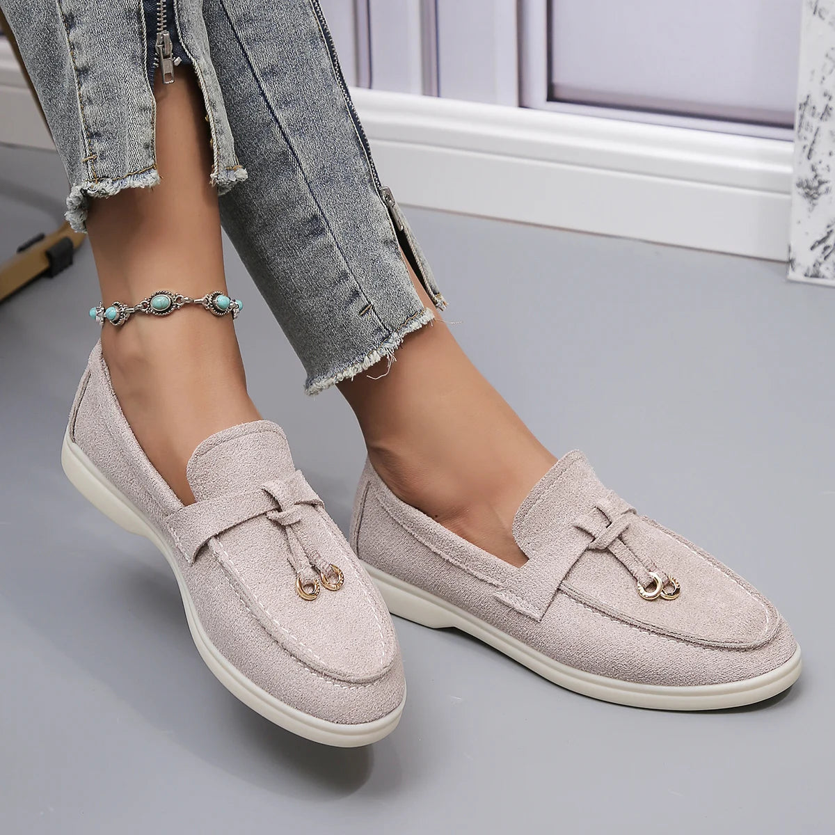 Suede Loafers for Women – Slip On Flat Shoes with Buckle Detail