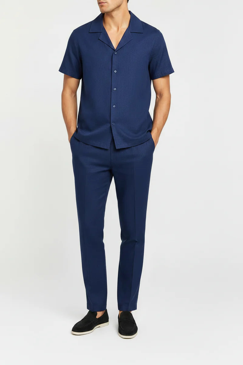 The Wilmington Men's Linen Collar Shirt & Tailored Trousers Set - Navy Blue