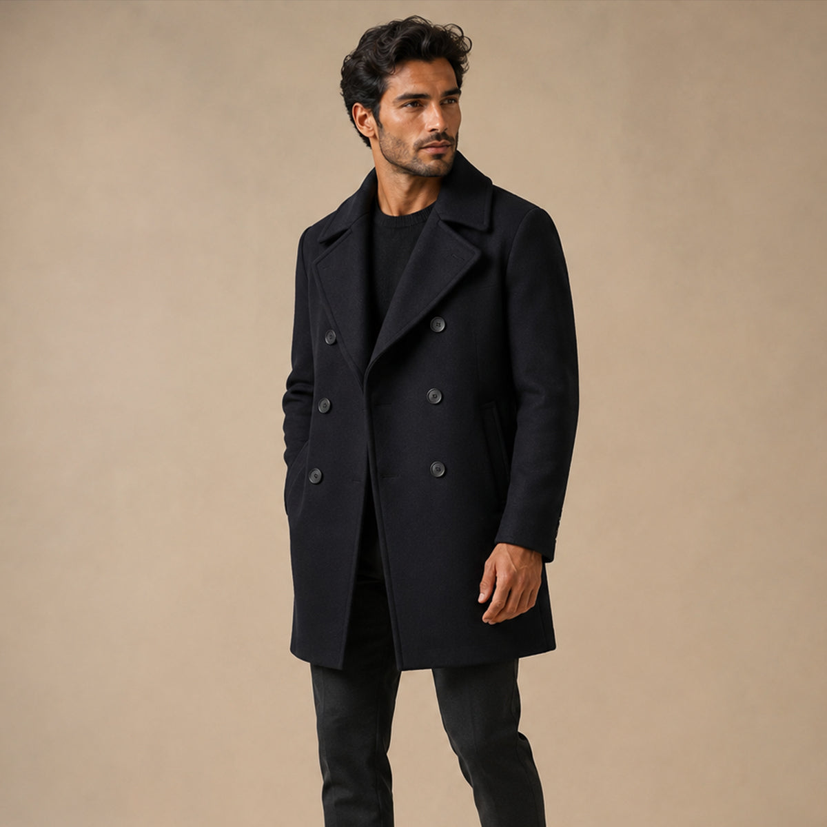 The Buckingham Men’s Warm Winter Double Breasted Wool Peacoat – Black
