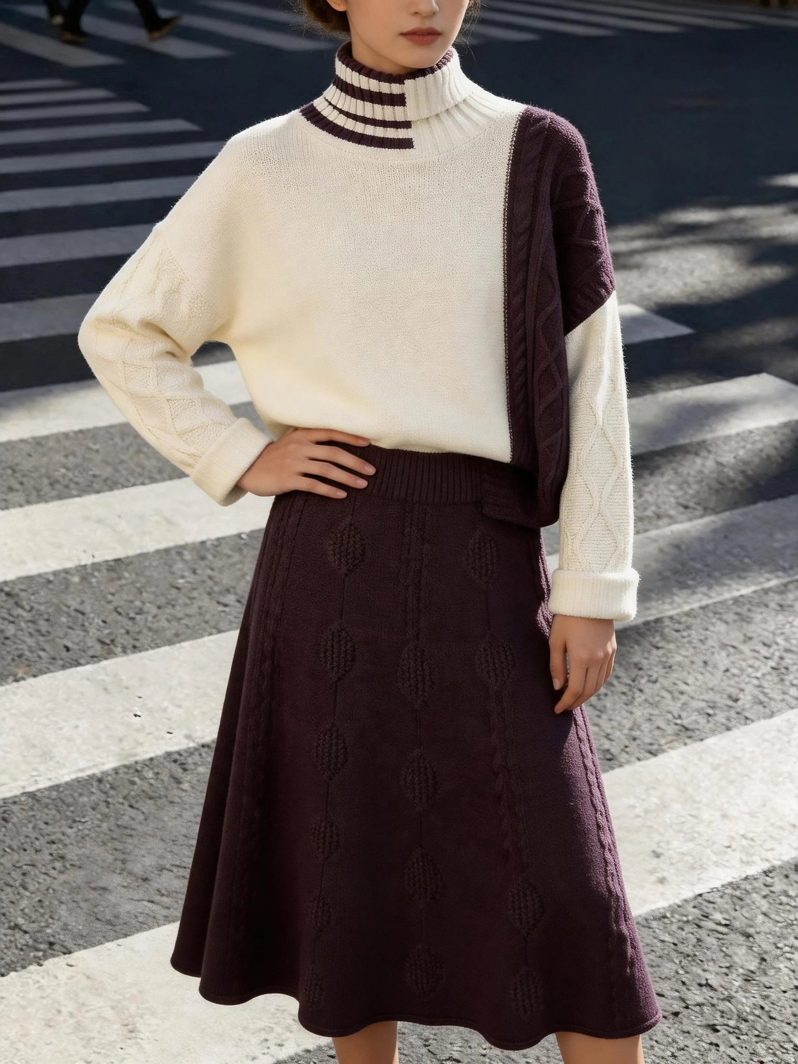 Women's Co-ord Set – Colour Block Roll Neck Jumper & Skirt