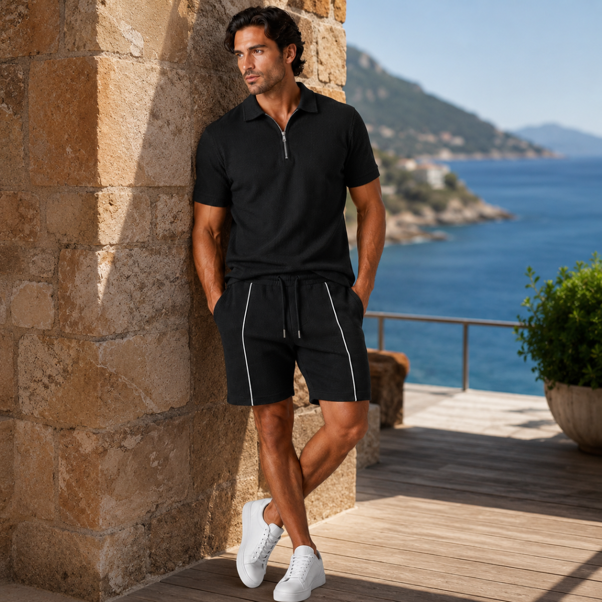 The Alba Men's Textured Zip Polo Shirt and Shorts Set