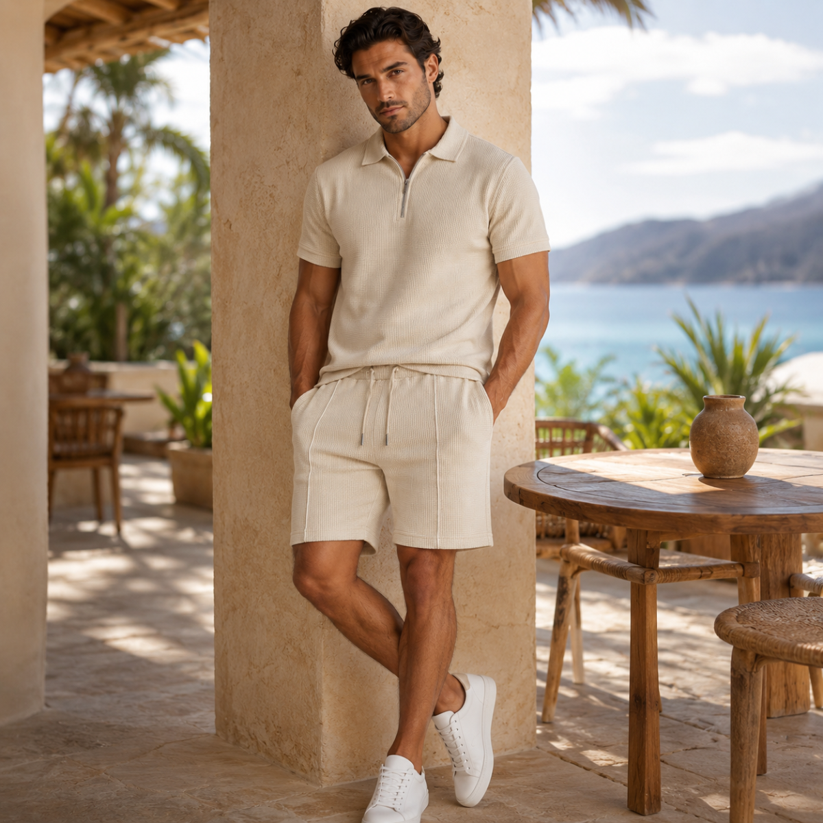 The Alba Men's Textured Zip Polo Shirt and Shorts Set