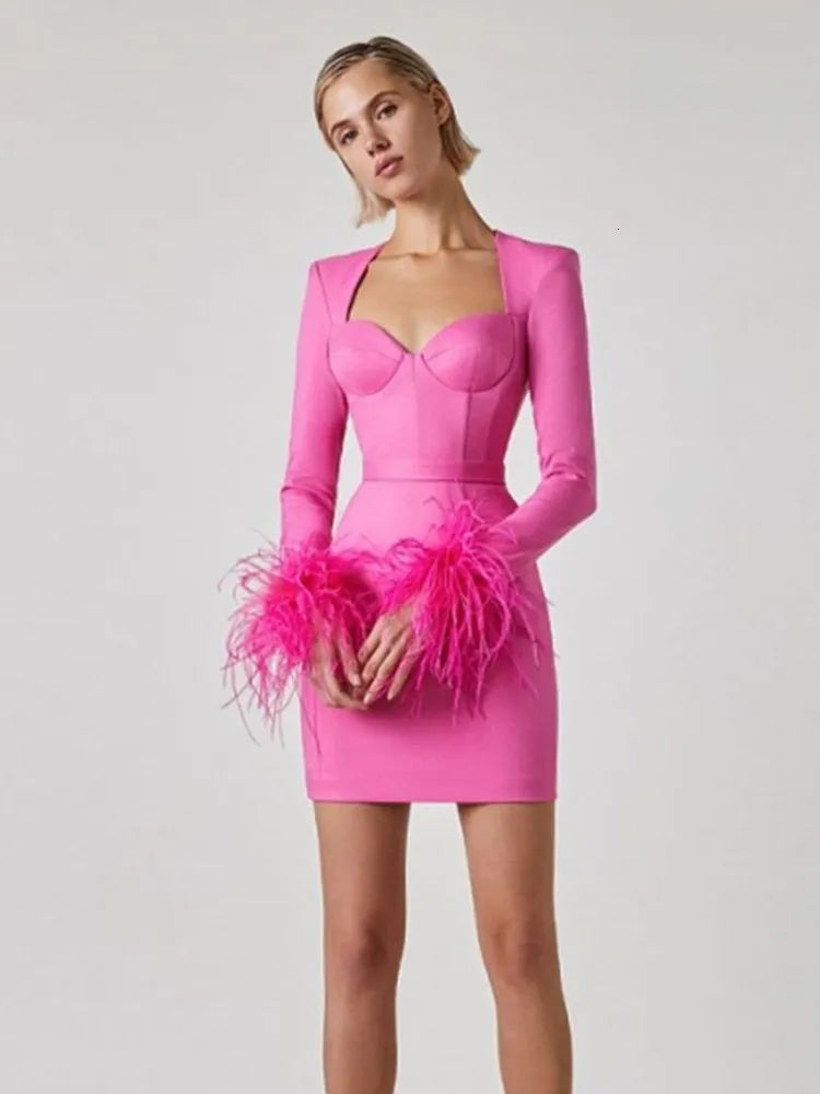 Women's Fitted Mini Dress with Feathered Cuffs