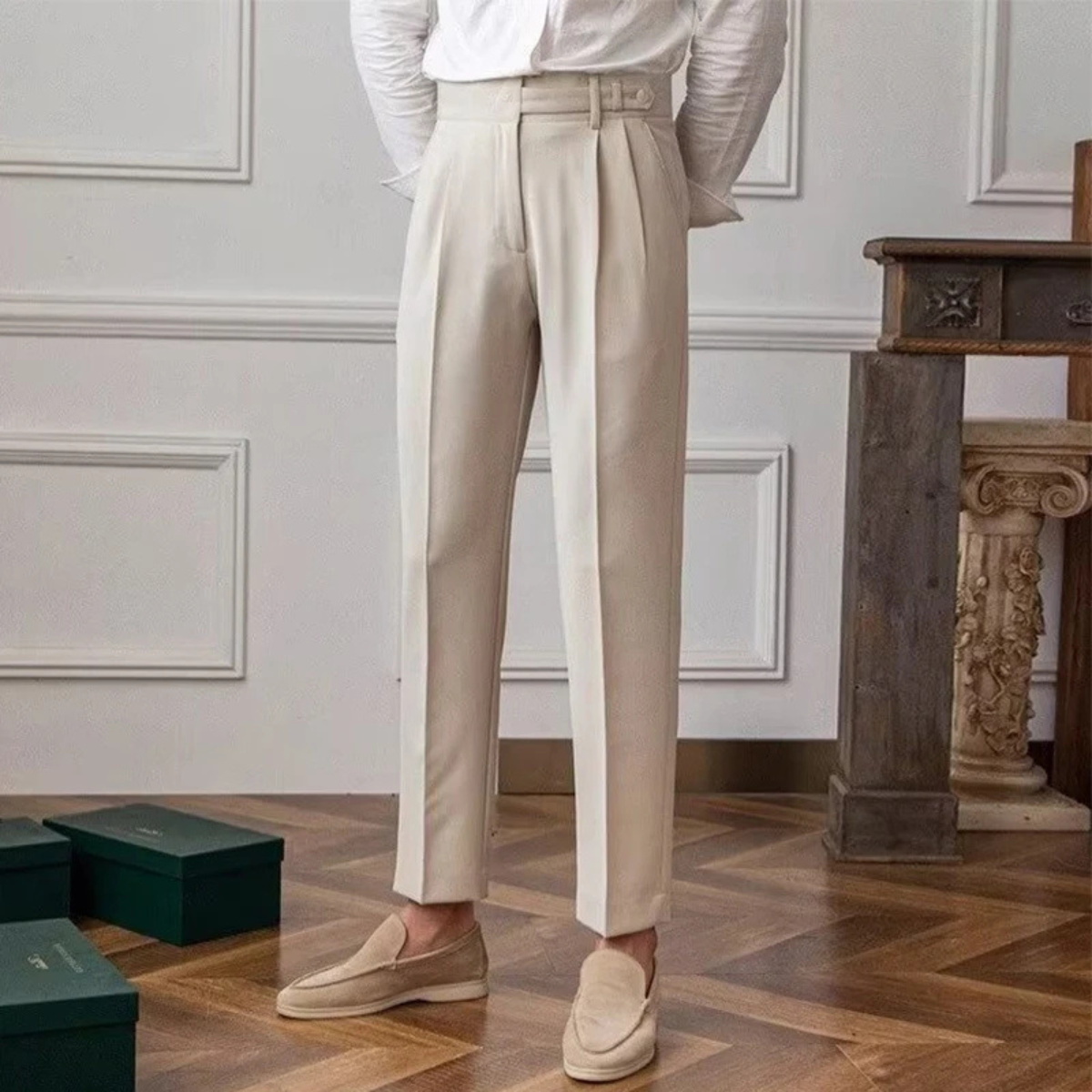 The Quimper Men’s High Waisted Straight Leg Tailored Suit Trousers