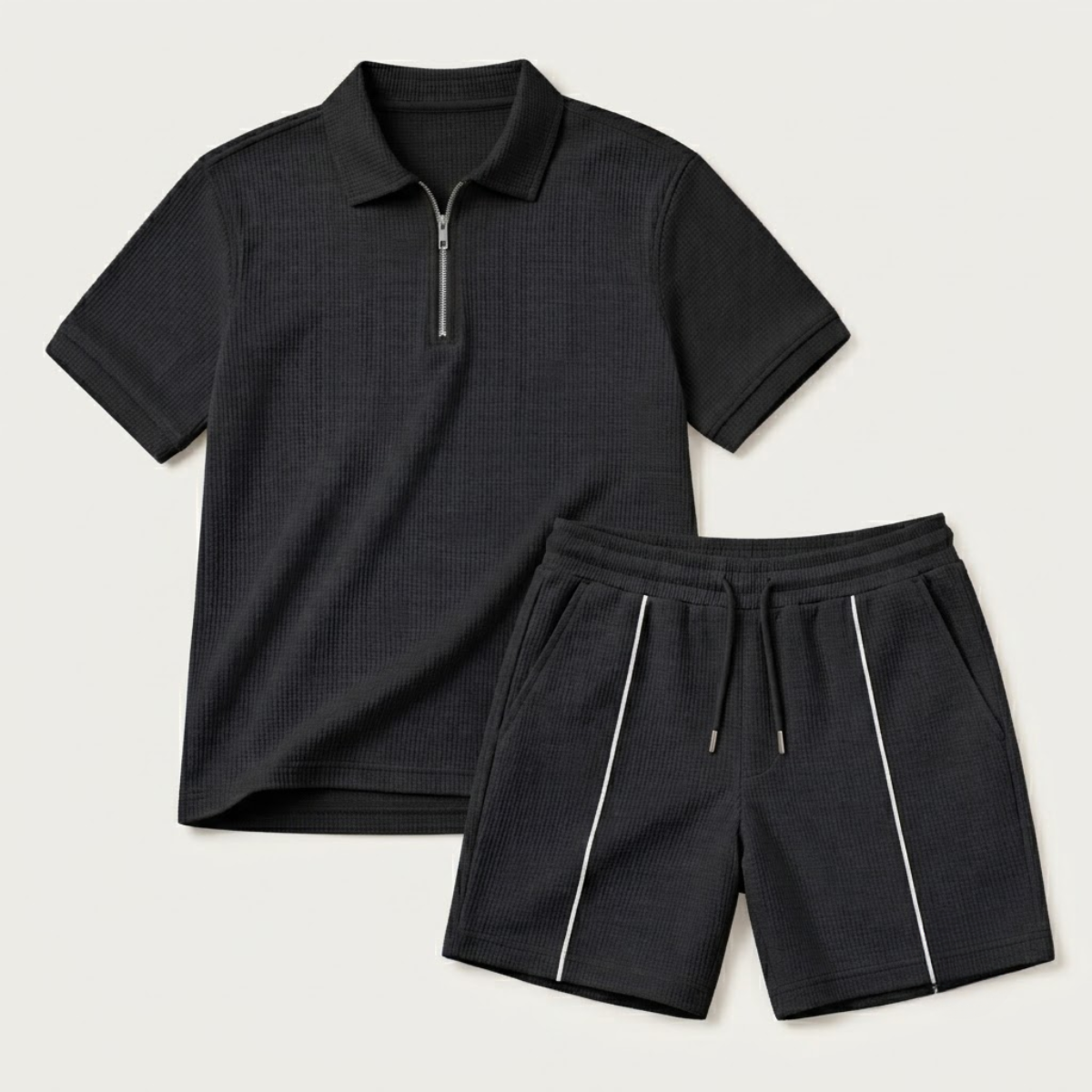 The Alba Men's Textured Zip Polo Shirt and Shorts Set