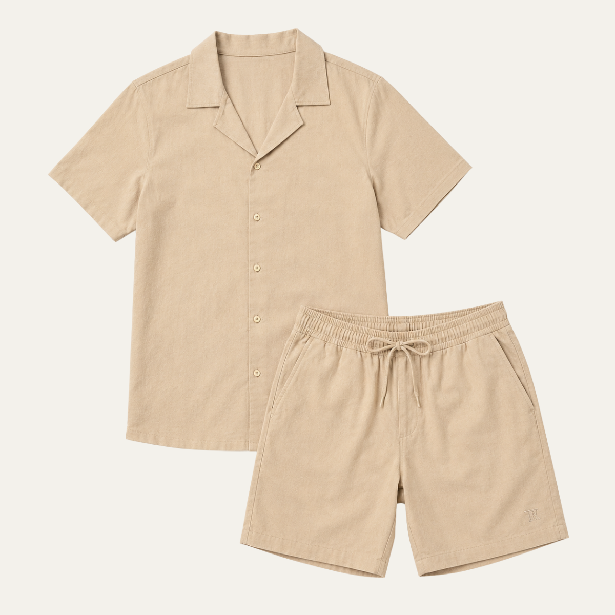 The Sarasota Men's Linen Collar Shirt & Drawstring Shorts Set - Beige