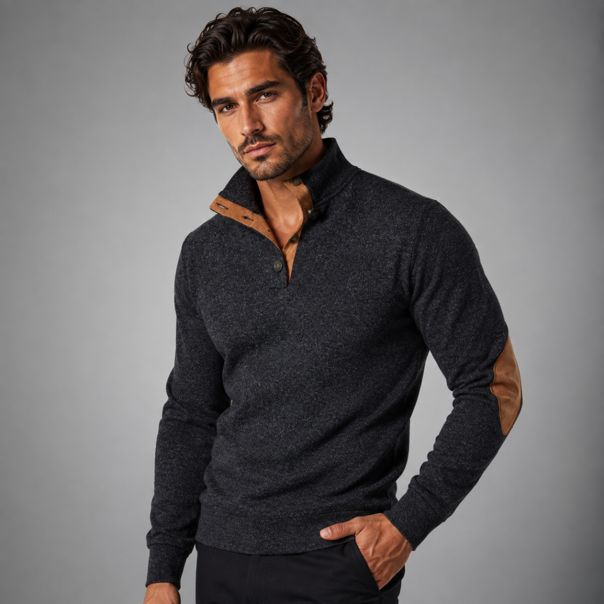 The Oakcrest Men's Stand Collar Fleece Jumper with Suede Elbow Patches