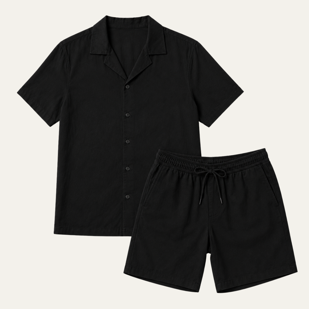 The Jacksonville Men's Linen Collar Shirt & Drawstring Shorts Set - Black