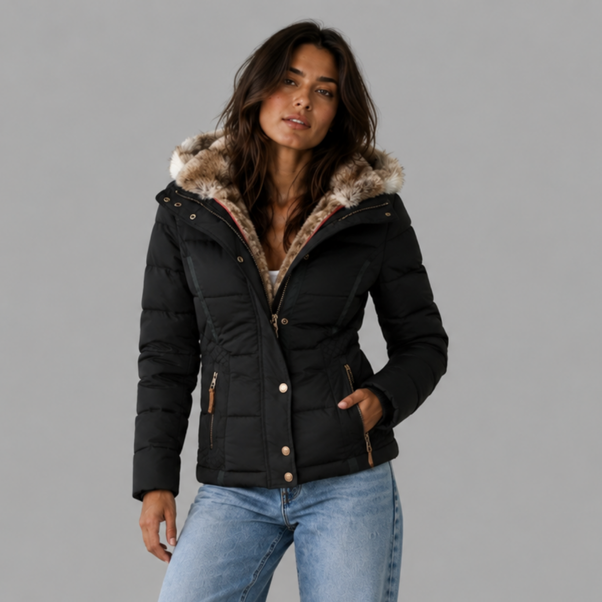 Women's Quilted Winter Coat | Long Jacket with Detachable Fur Hood