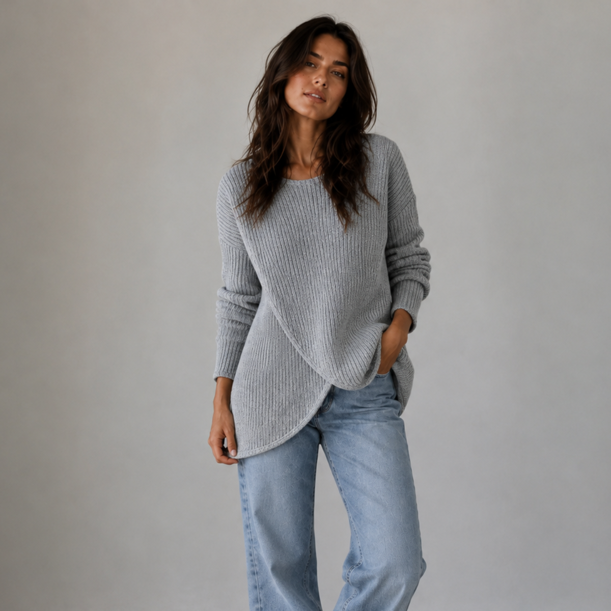 Women's Ribbed Jumpers with Asymmetrical Slit Hem