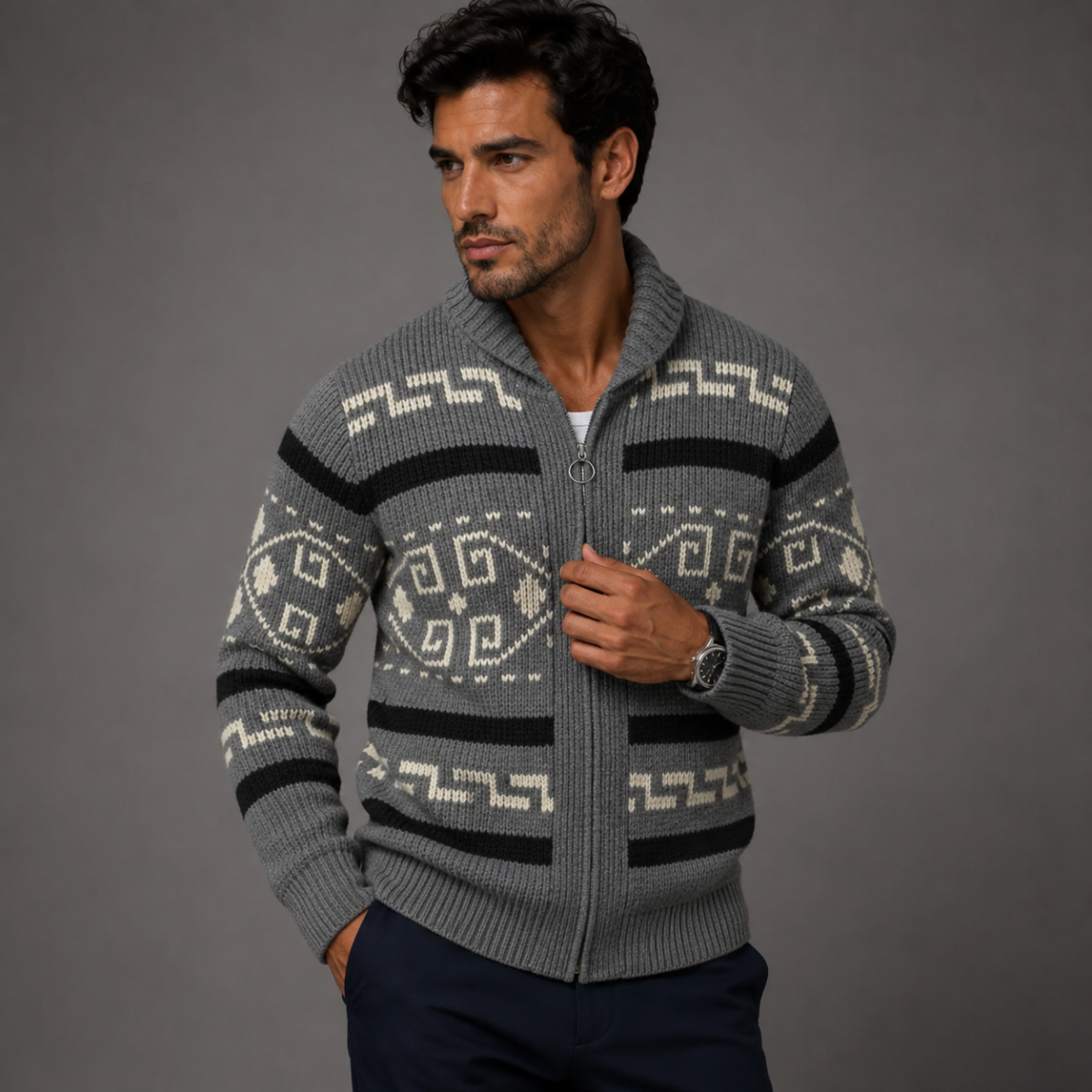 The Serravalle Men’s Button-Up Knit Cashmere Shawl Collar Cardigan
