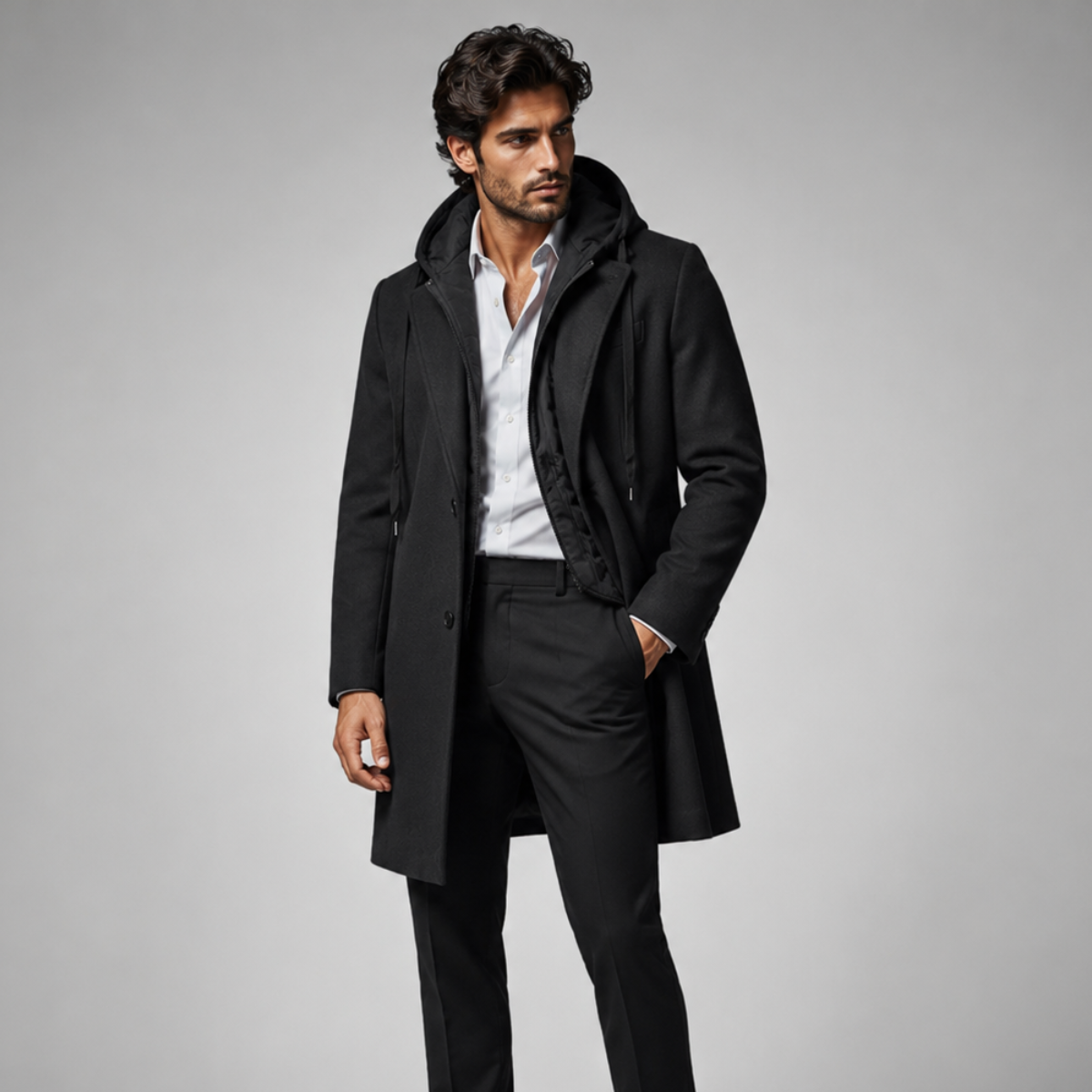 The Arundel Men's Hooded Wool Overcoat with Quilted Lining