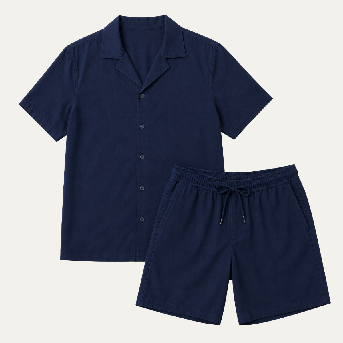 The Greenville Men's Linen Collar Shirt & Drawstring Shorts Set - Navy Blue
