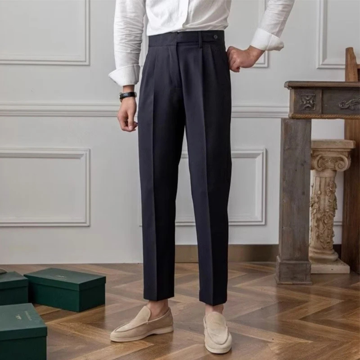 The Quimper Men’s High Waisted Straight Leg Tailored Suit Trousers