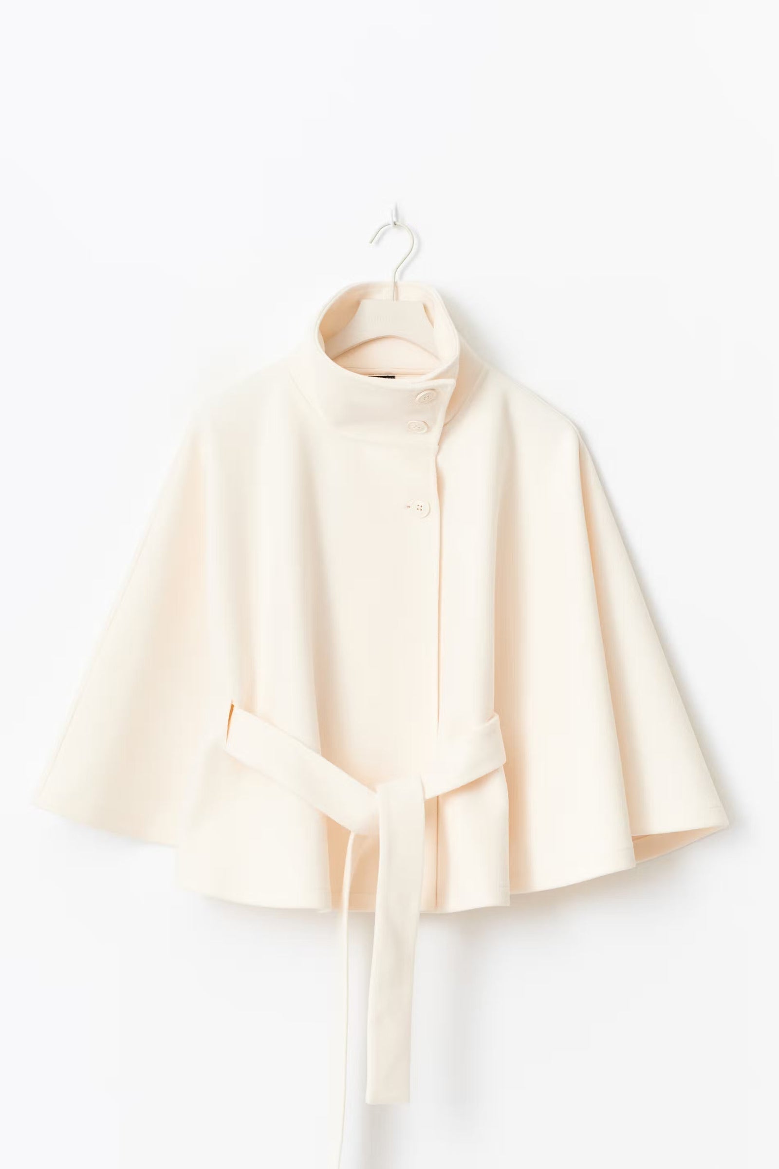 Women's Coat with Cape Sleeves, High Collar, and Belted Design