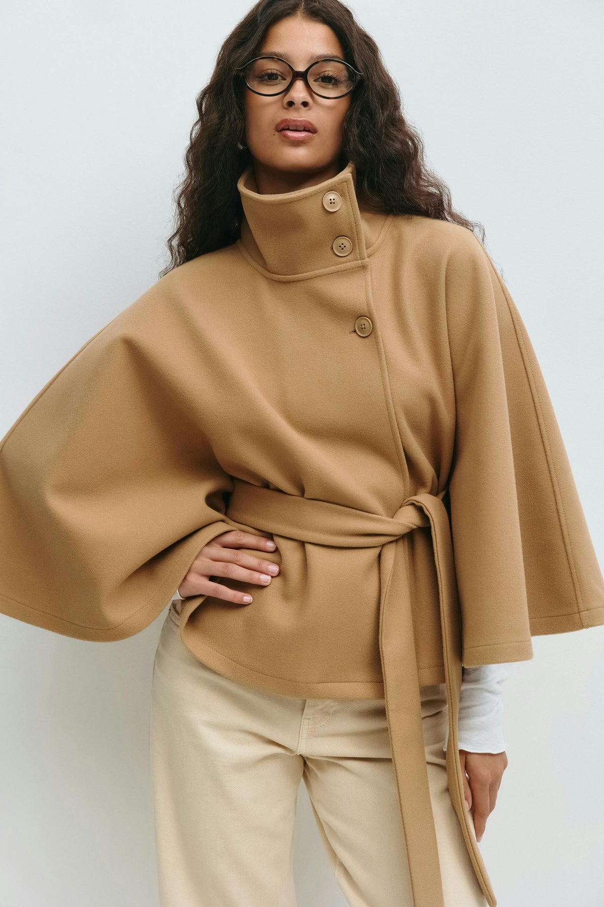 Women's Coat with Cape Sleeves, High Collar, and Belted Design