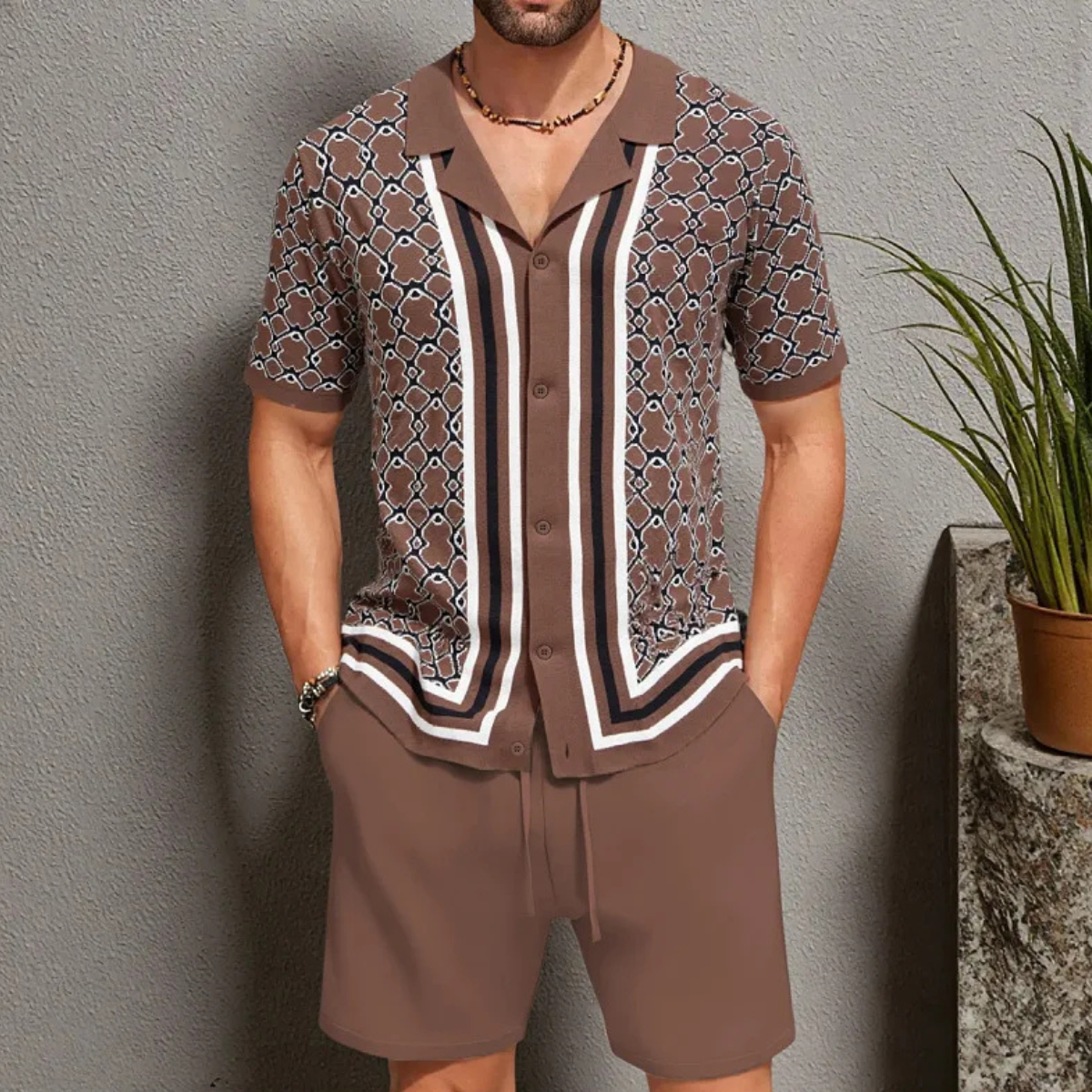 The Burford Men’s Cuban Collar Knitted Shirt & Shorts Summer Set