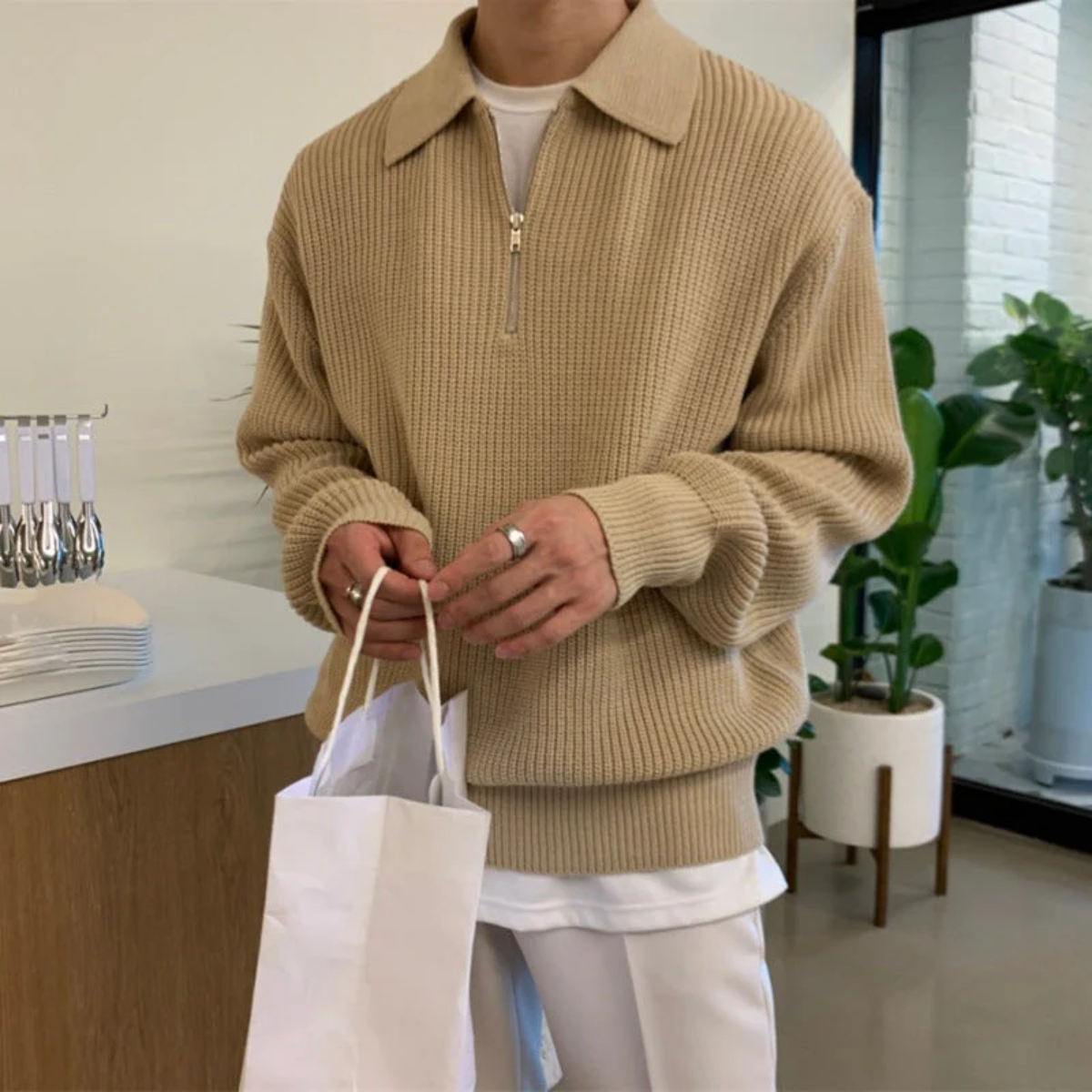 The Siena Men's Half Zip Knit Ribbed Jumper