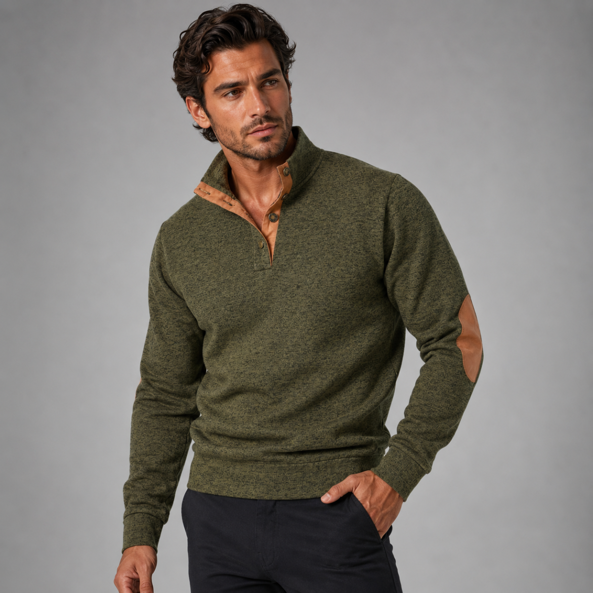 The Oakcrest Men's Stand Collar Fleece Jumper with Suede Elbow Patches