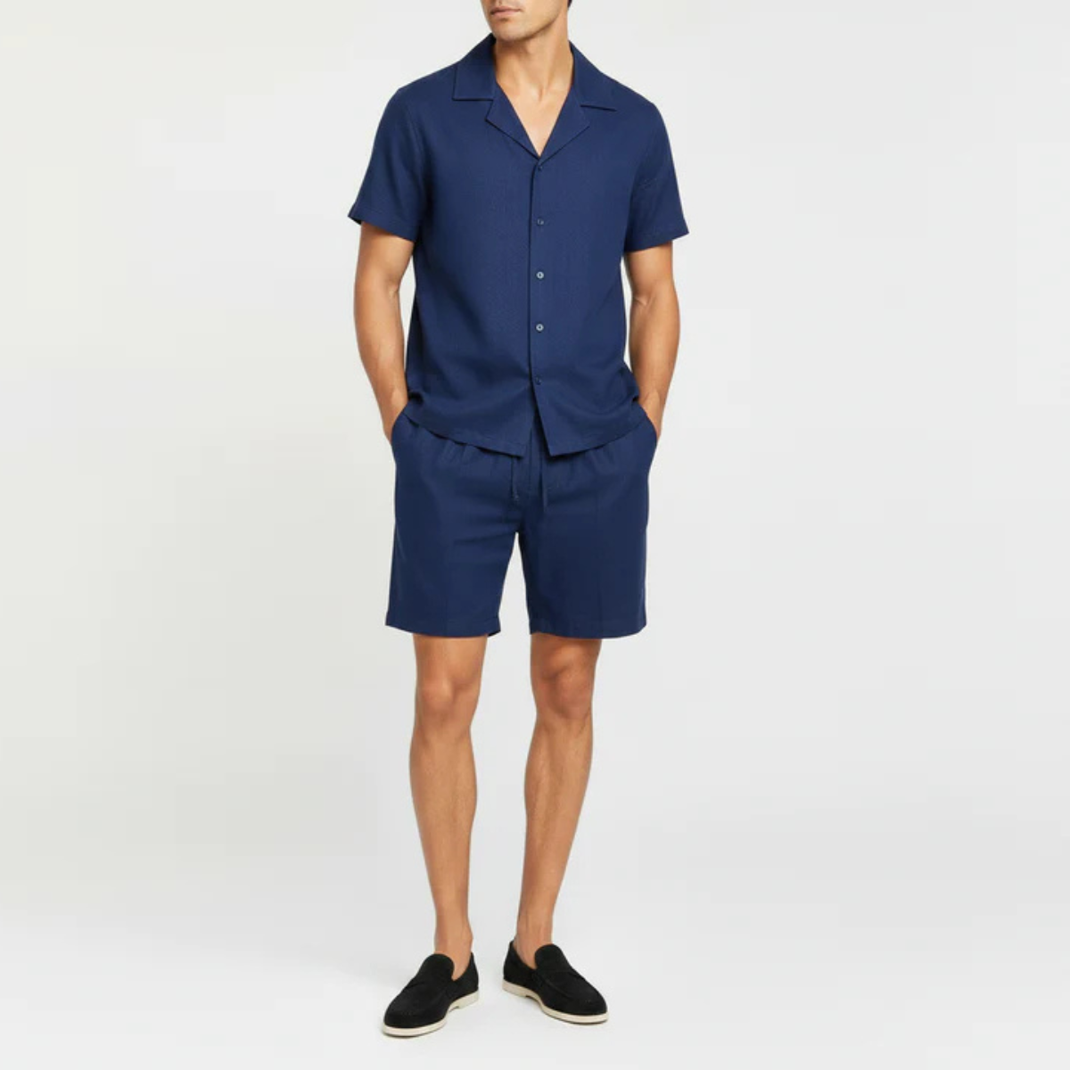 The Greenville Men's Linen Collar Shirt & Drawstring Shorts Set - Navy Blue