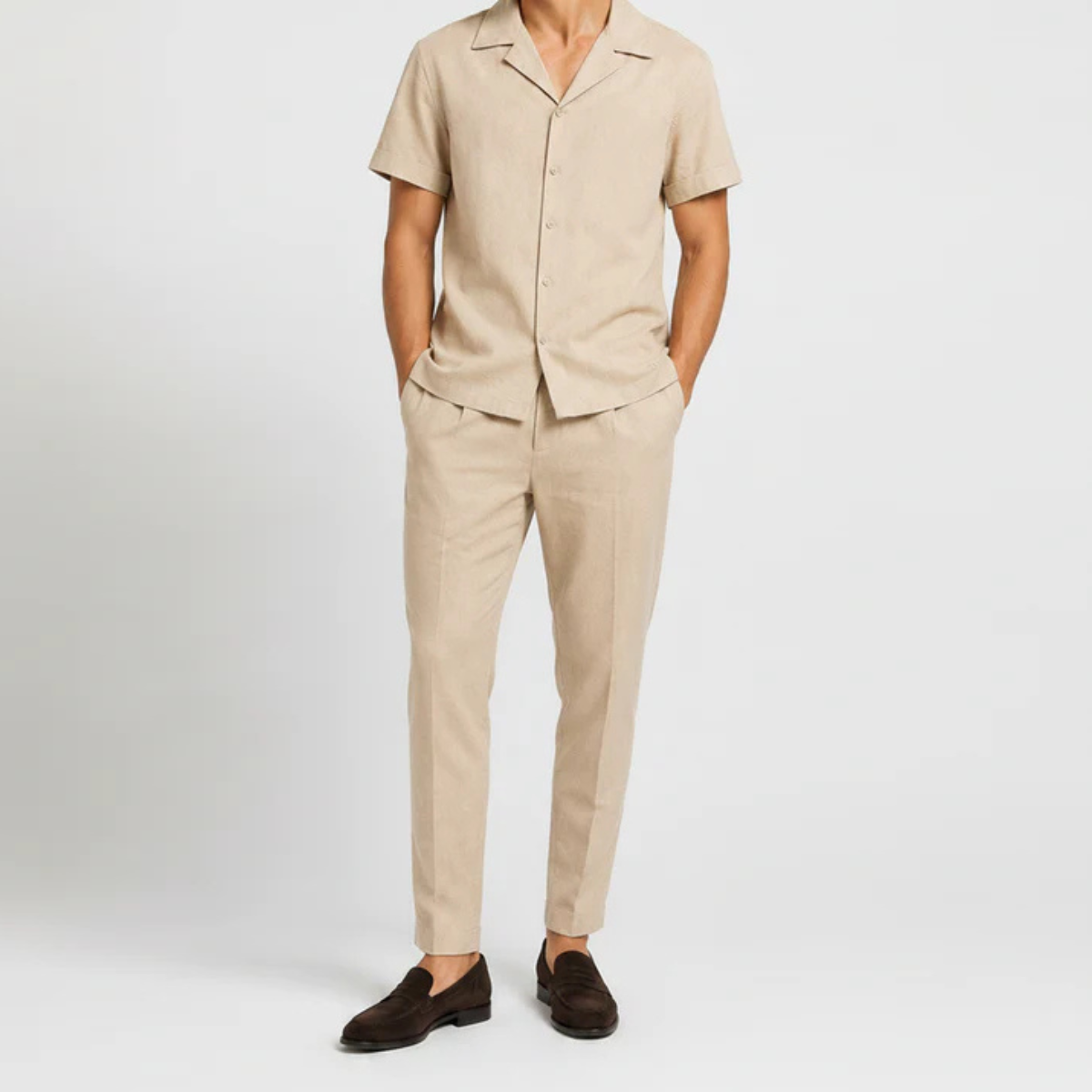 The Asheville Men's Linen Collar Shirt & Tailored Trousers Set - Beige