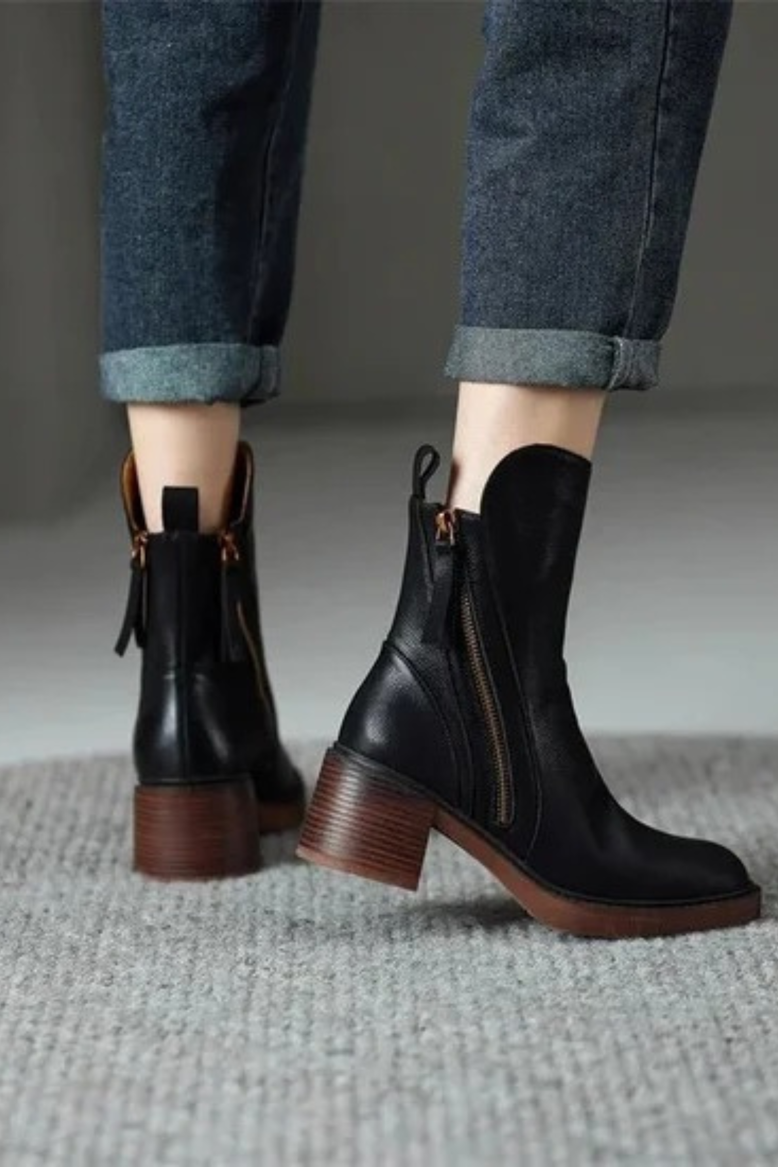 Women's Ankle Boots with Side Zipper Block Heel