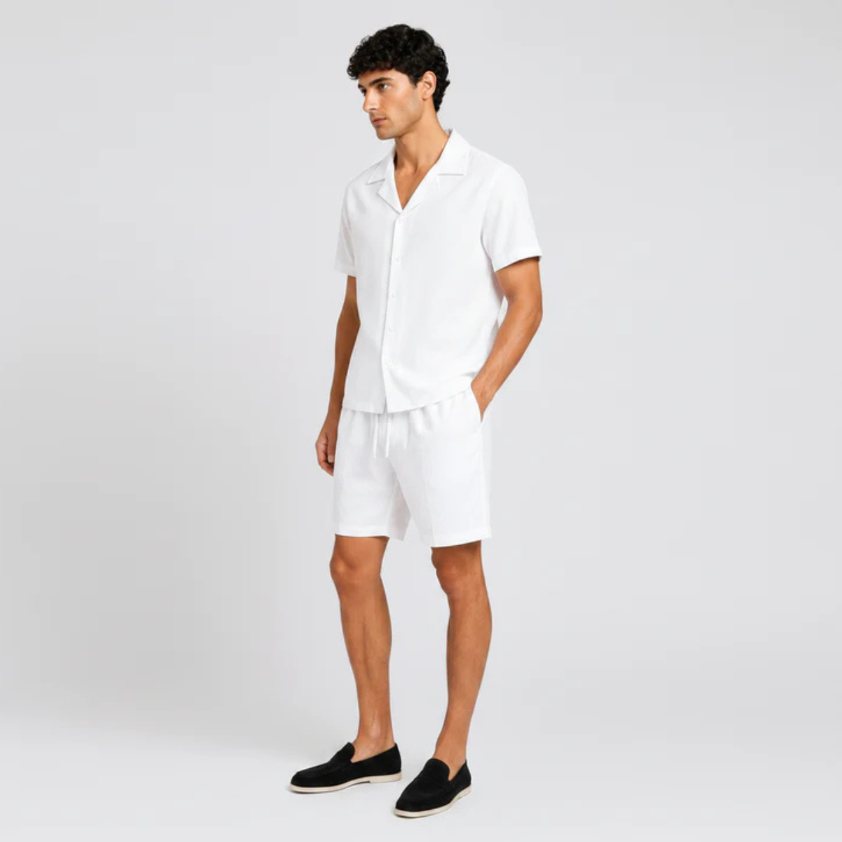 The Orlando Men's Linen Collar Shirt & Drawstring Shorts Set - White