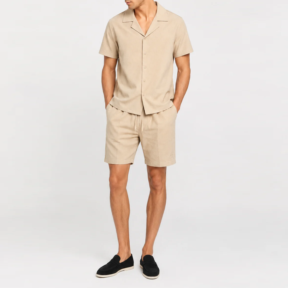 The Sarasota Men's Linen Collar Shirt & Drawstring Shorts Set - Beige
