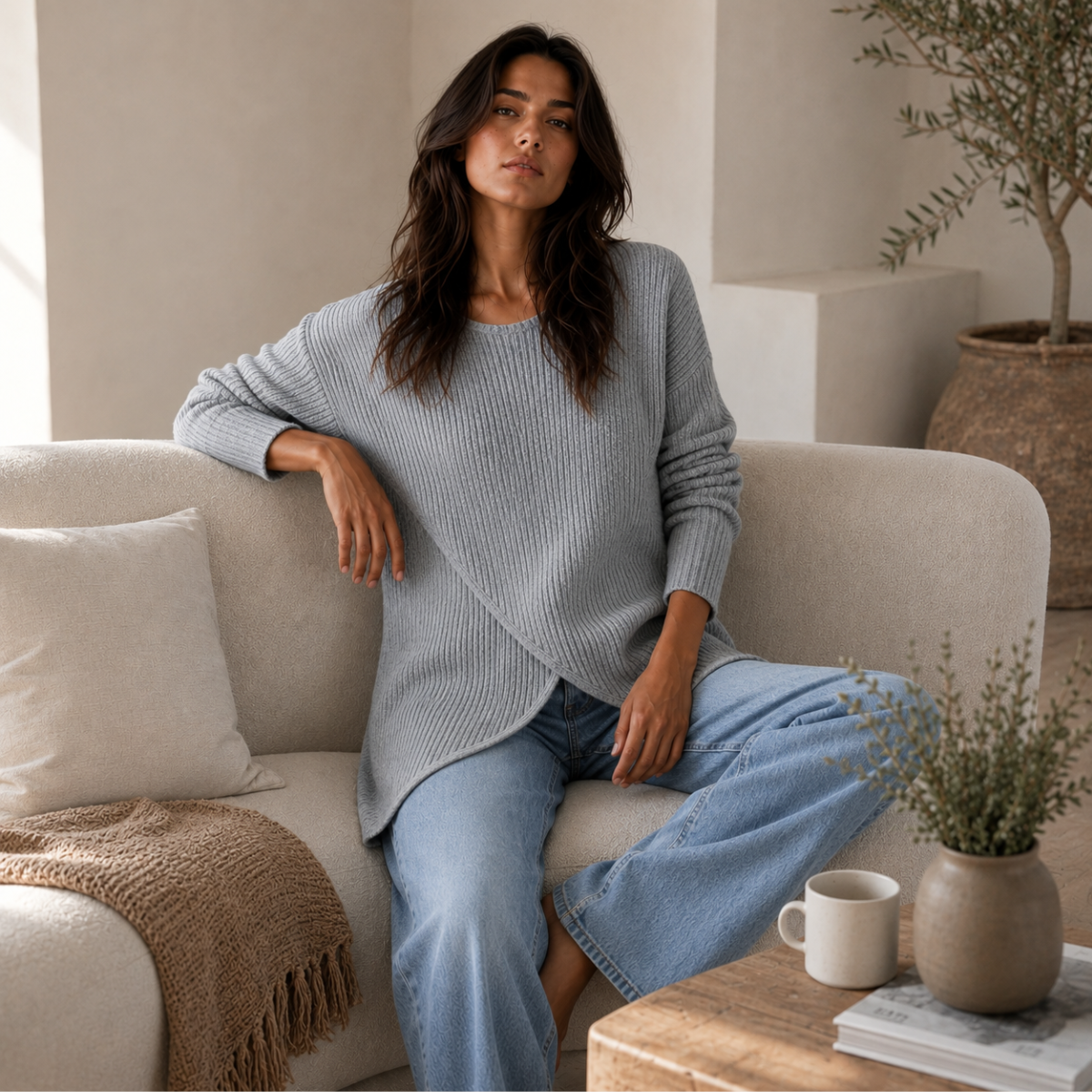 Women's Ribbed Jumpers with Asymmetrical Slit Hem