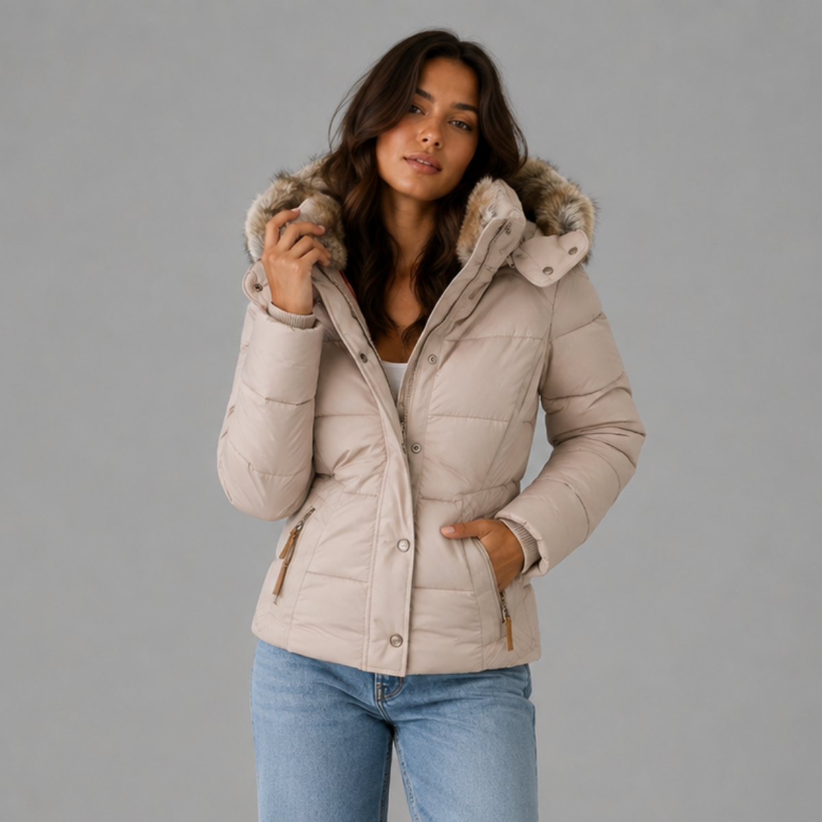 Women's Quilted Winter Coat | Long Jacket with Detachable Fur Hood