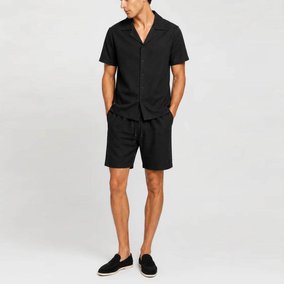 The Jacksonville Men's Linen Collar Shirt & Drawstring Shorts Set - Black