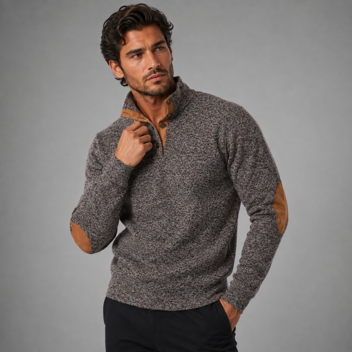 The Oakcrest Men's Stand Collar Fleece Jumper with Suede Elbow Patches