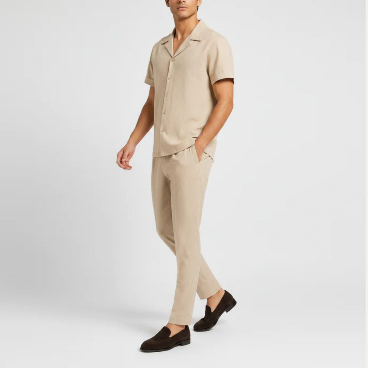 The Asheville Men's Linen Collar Shirt & Tailored Trousers Set - Beige
