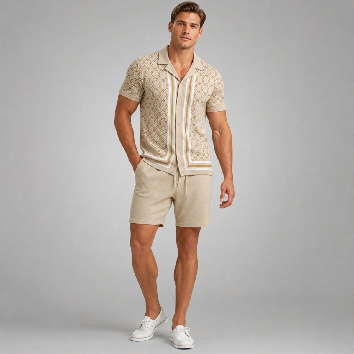 The Burford Men’s Cuban Collar Knitted Shirt & Shorts Summer Set