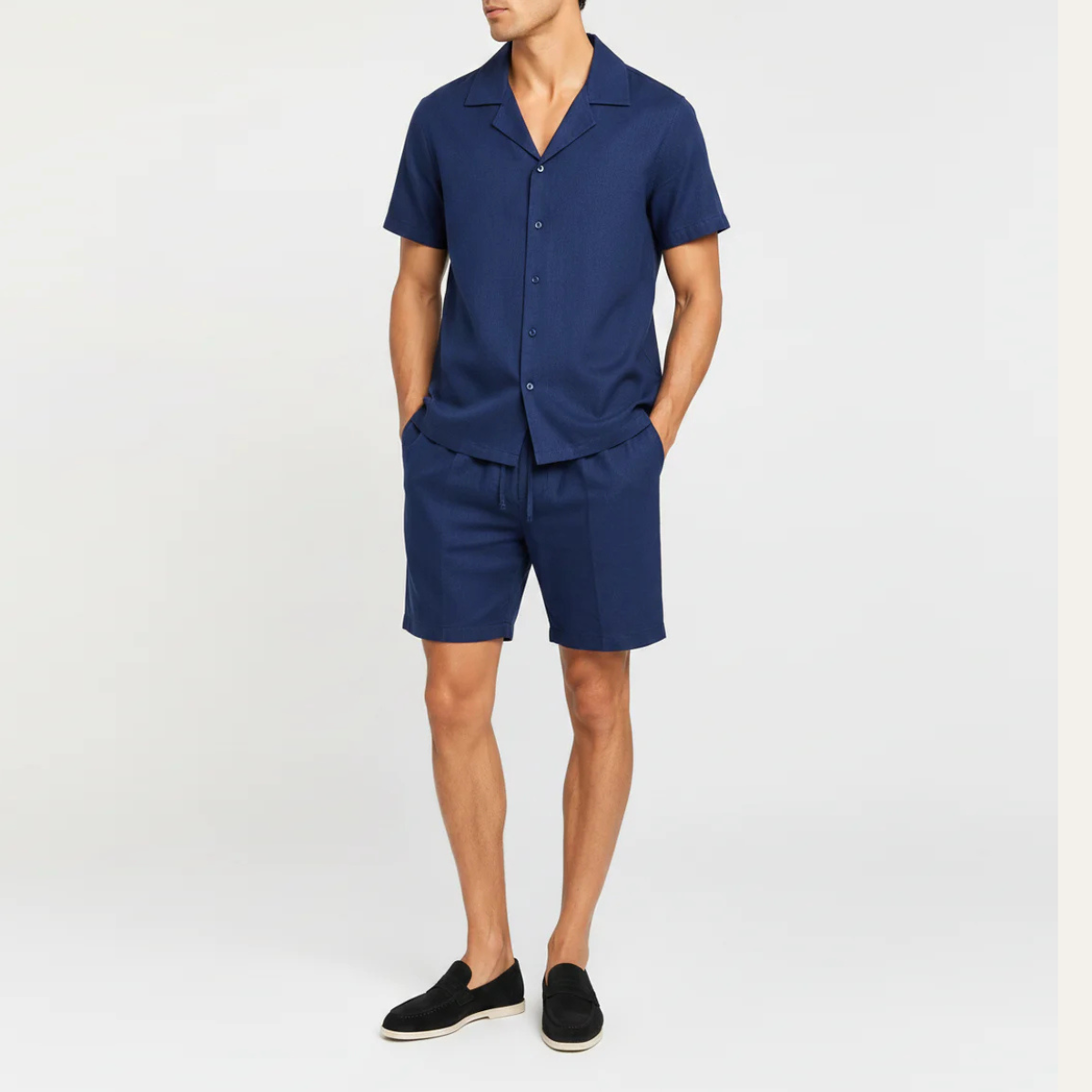 The Greenville Men's Linen Collar Shirt & Drawstring Shorts Set - Navy Blue