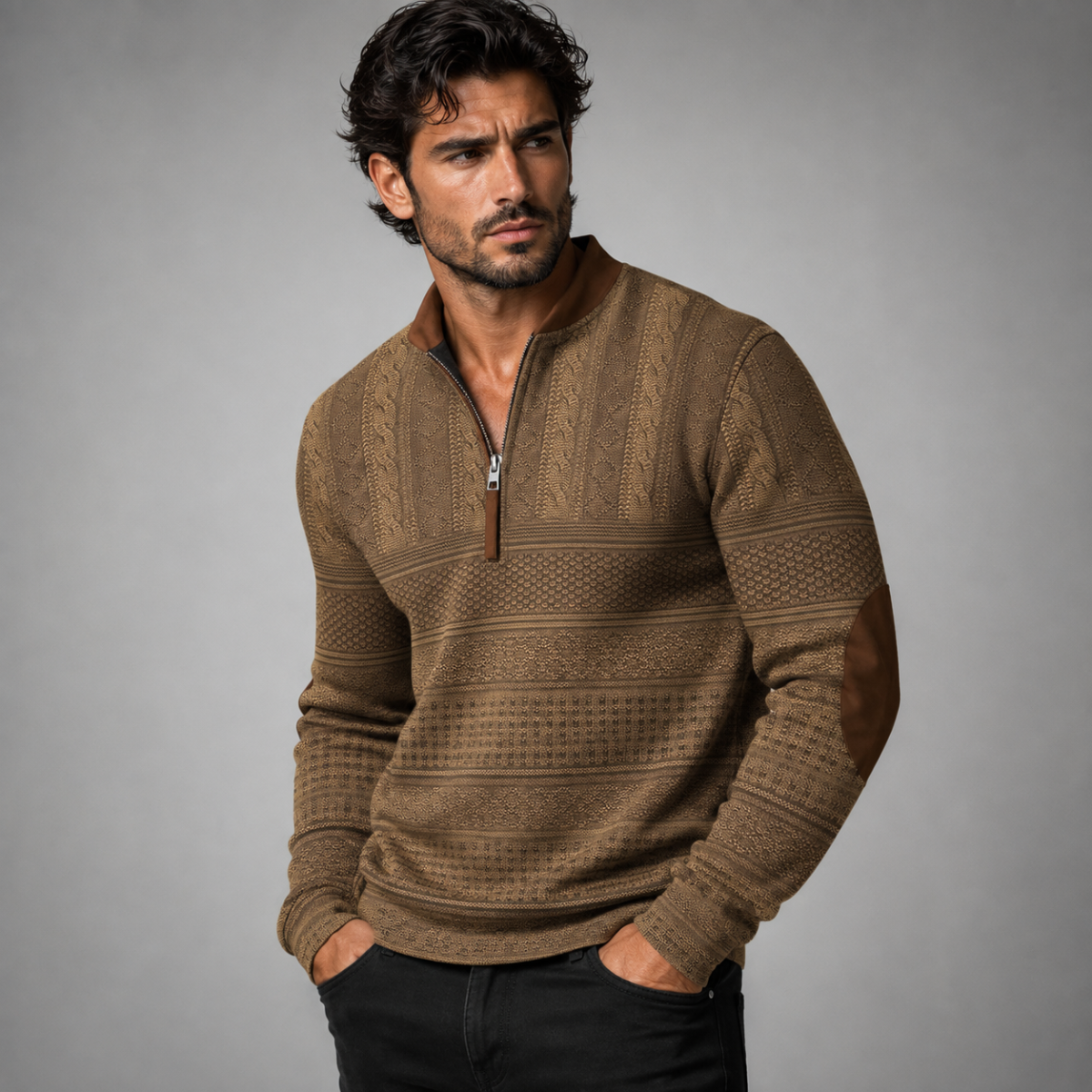 The Siena Men’s Casual Patterned Half Zip Sweater with Elbow Patches
