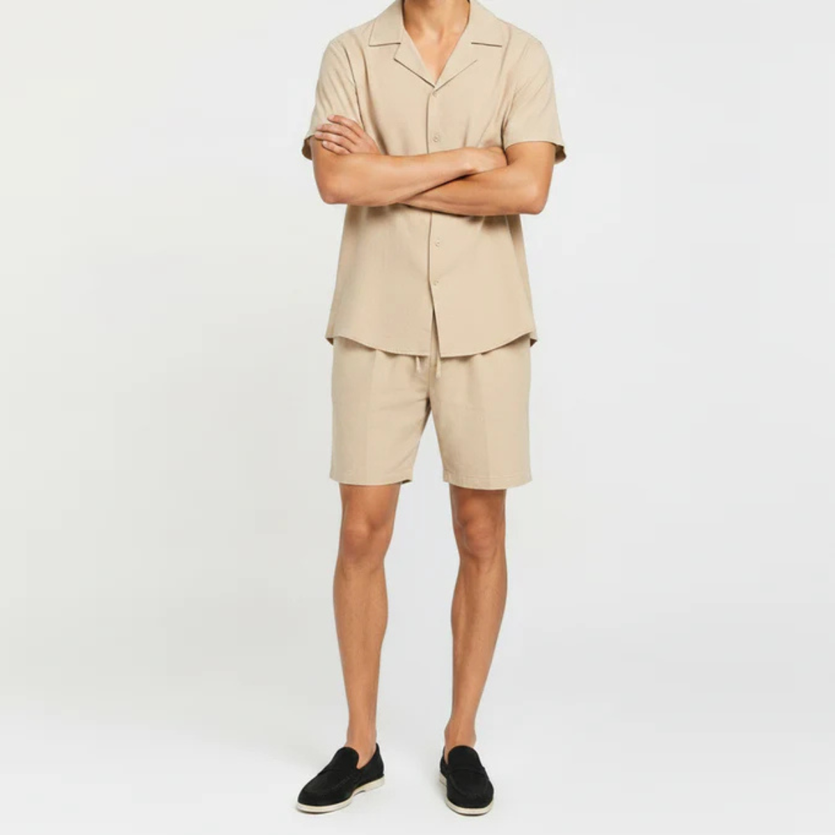 The Sarasota Men's Linen Collar Shirt & Drawstring Shorts Set - Beige