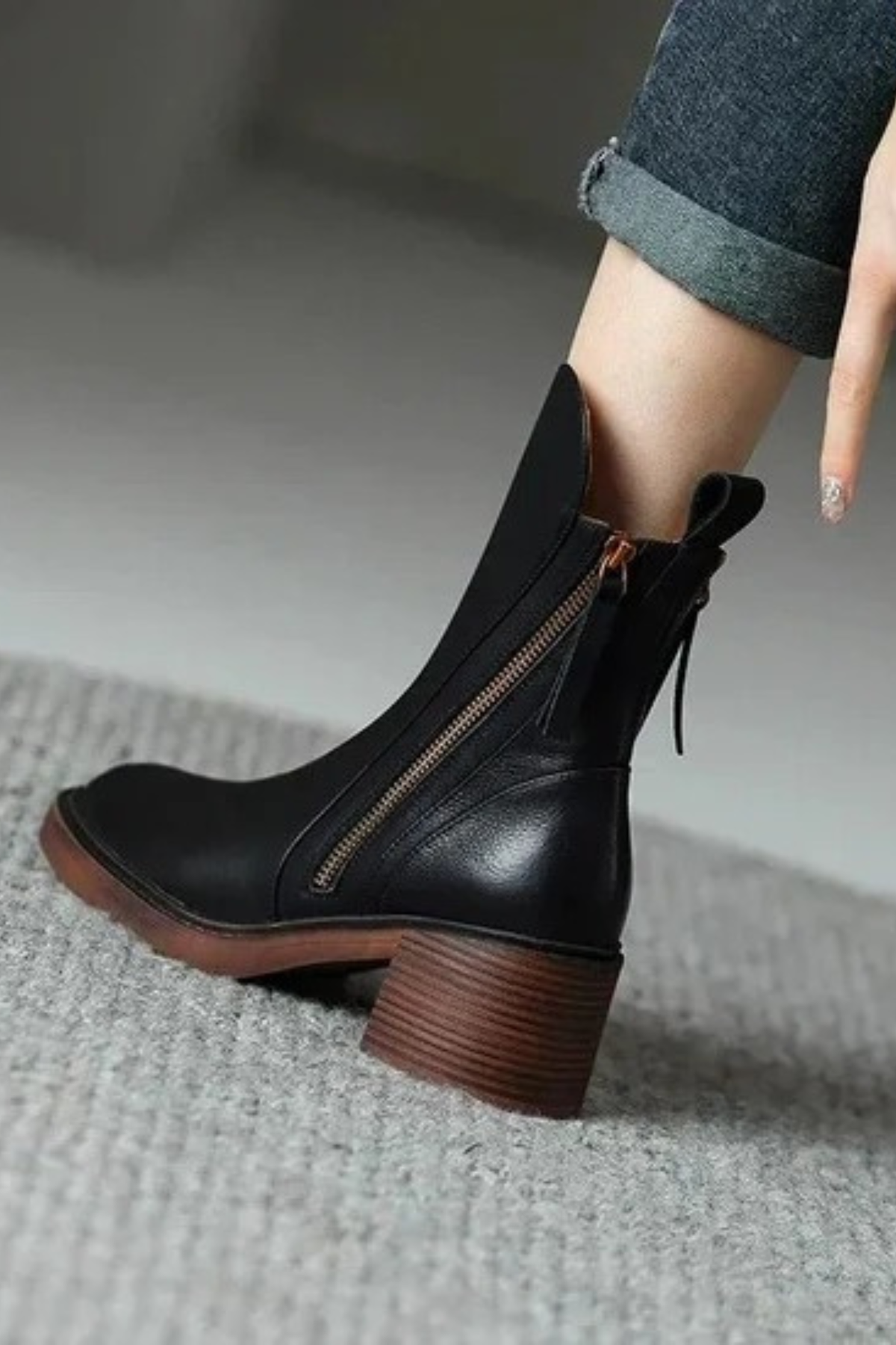 Women's Ankle Boots with Side Zipper Block Heel