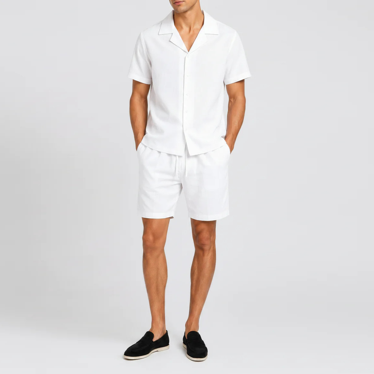 The Orlando Men's Linen Collar Shirt & Drawstring Shorts Set - White