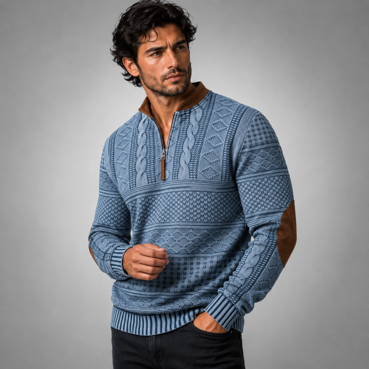 The Siena Men’s Casual Patterned Half Zip Sweater with Elbow Patches