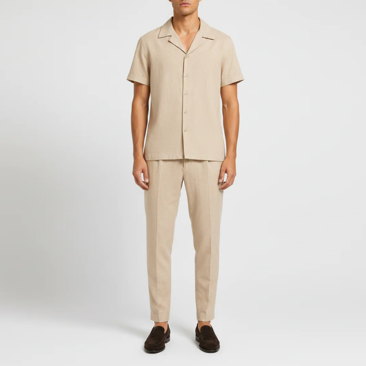 The Asheville Men's Linen Collar Shirt & Tailored Trousers Set - Beige