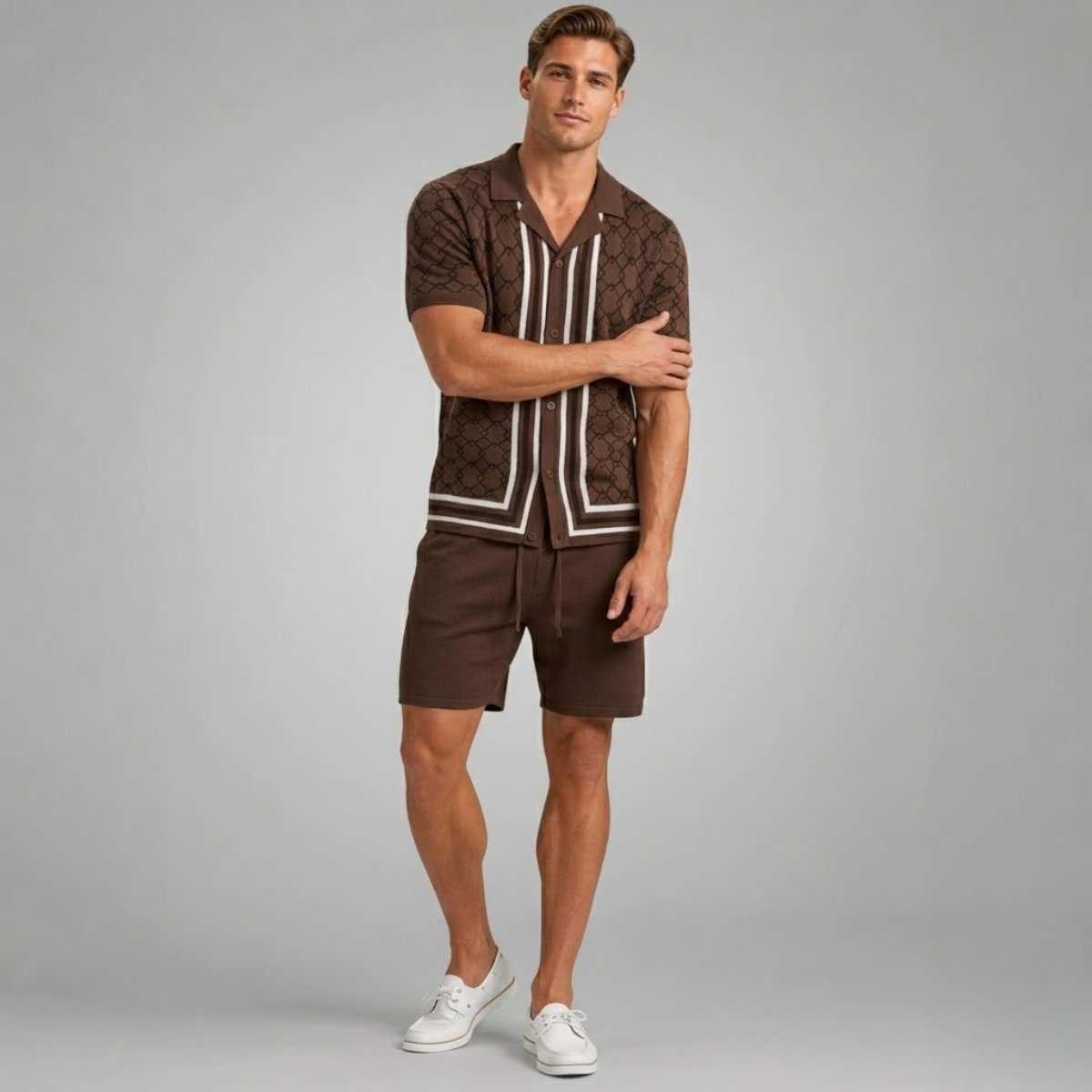 The Burford Men’s Cuban Collar Knitted Shirt & Shorts Summer Set