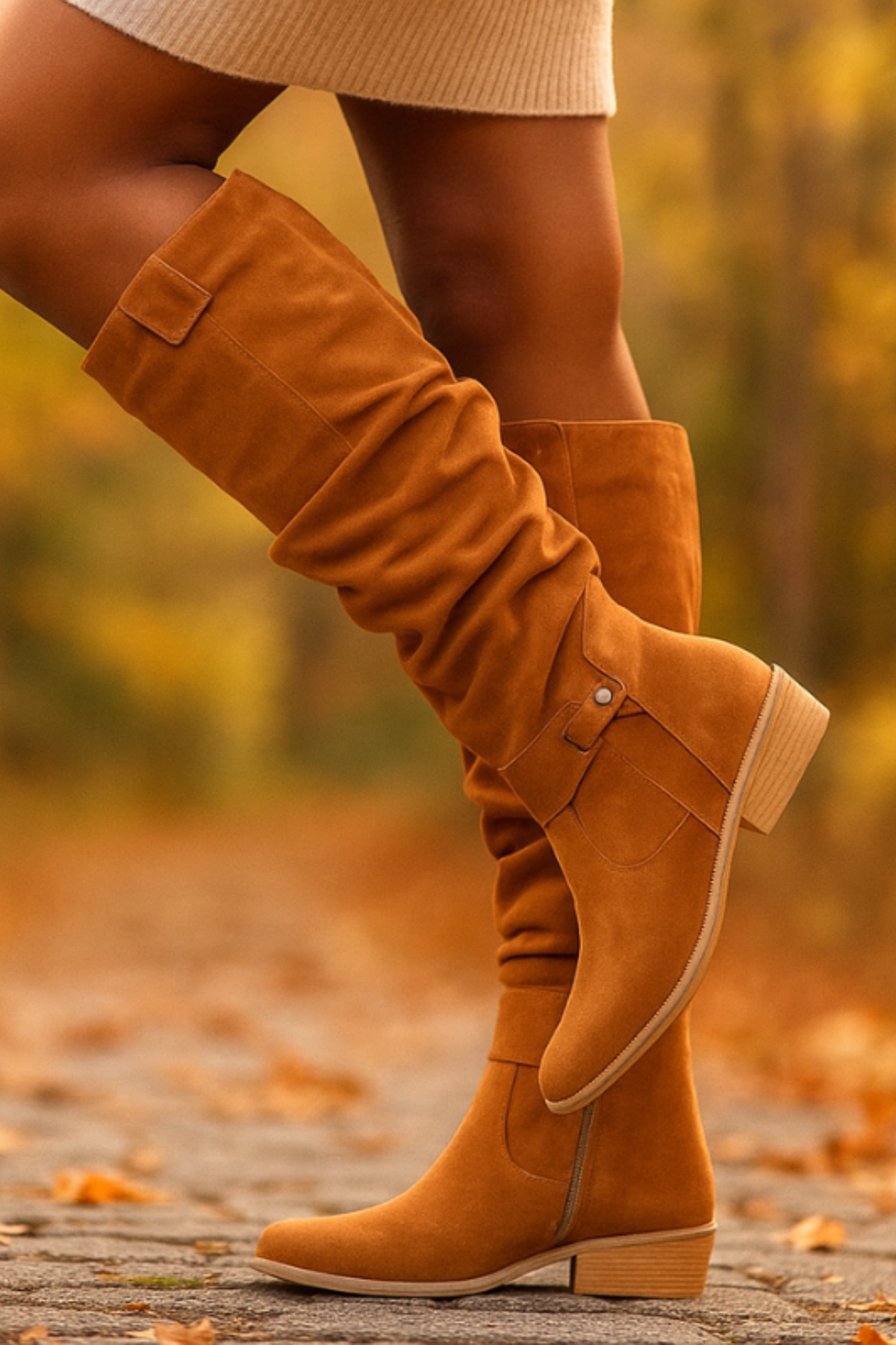 Women's Slouchy Knee High Riding Boots with Buckle Low Heel