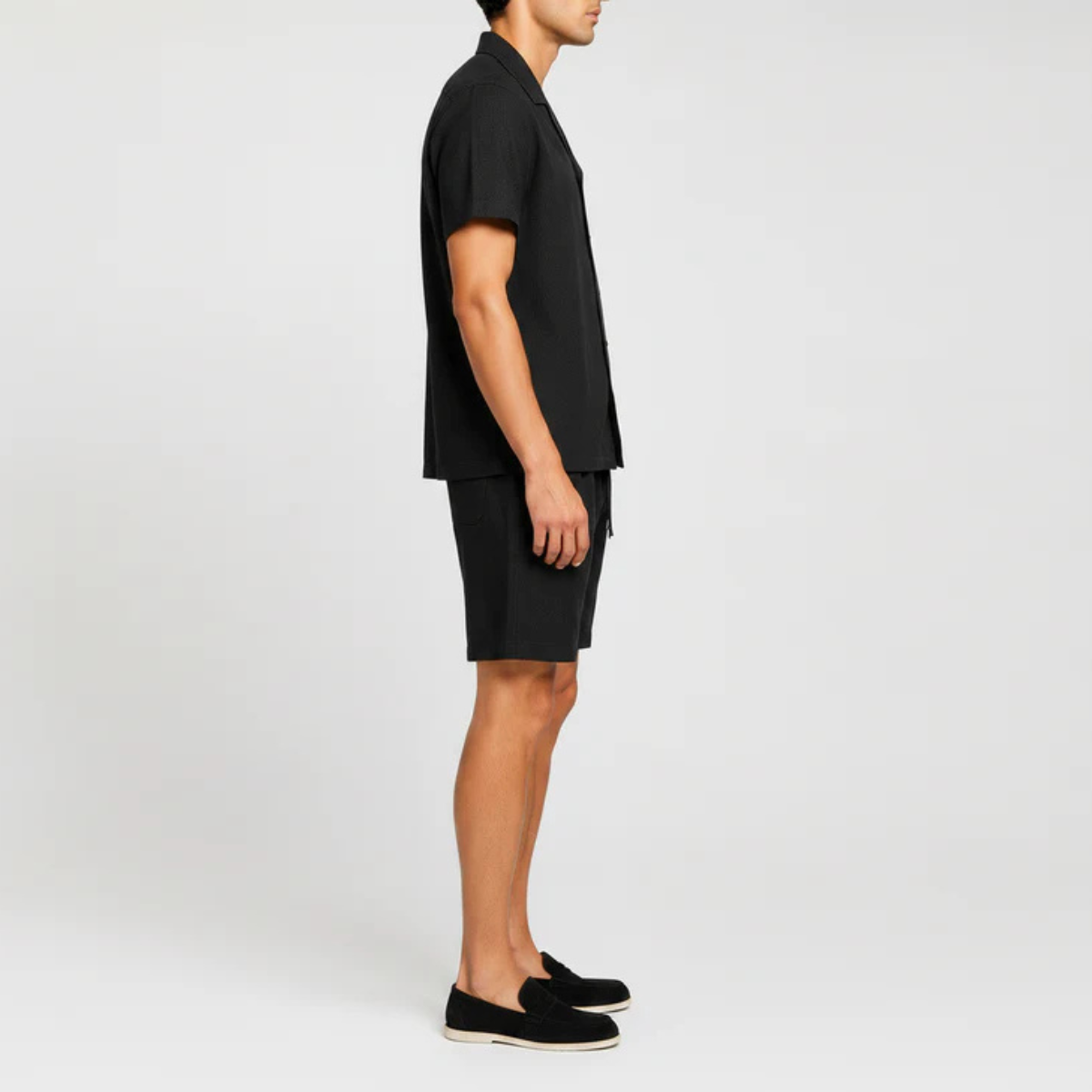 The Jacksonville Men's Linen Collar Shirt & Drawstring Shorts Set - Black