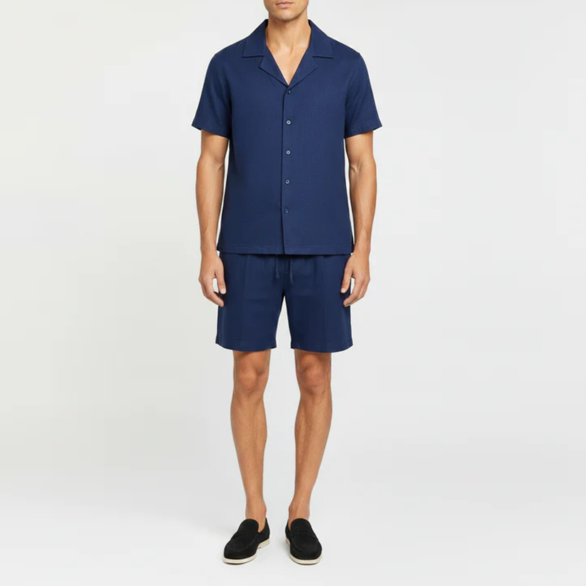 The Greenville Men's Linen Collar Shirt & Drawstring Shorts Set - Navy Blue