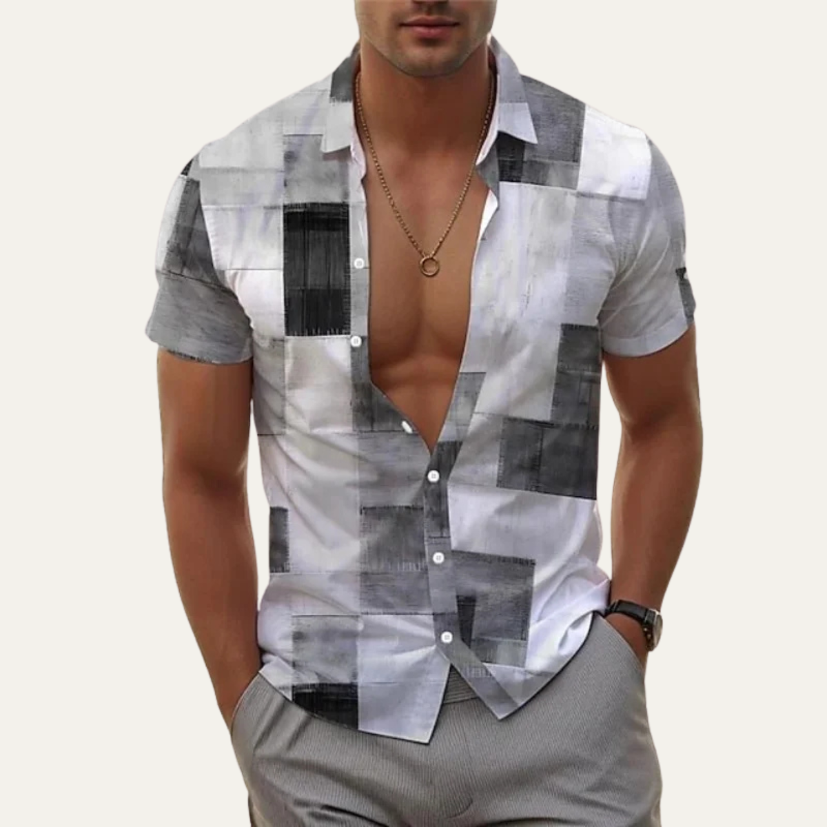 The Alnwick Trendy Patchwork Short Sleeve Button Up Shirt