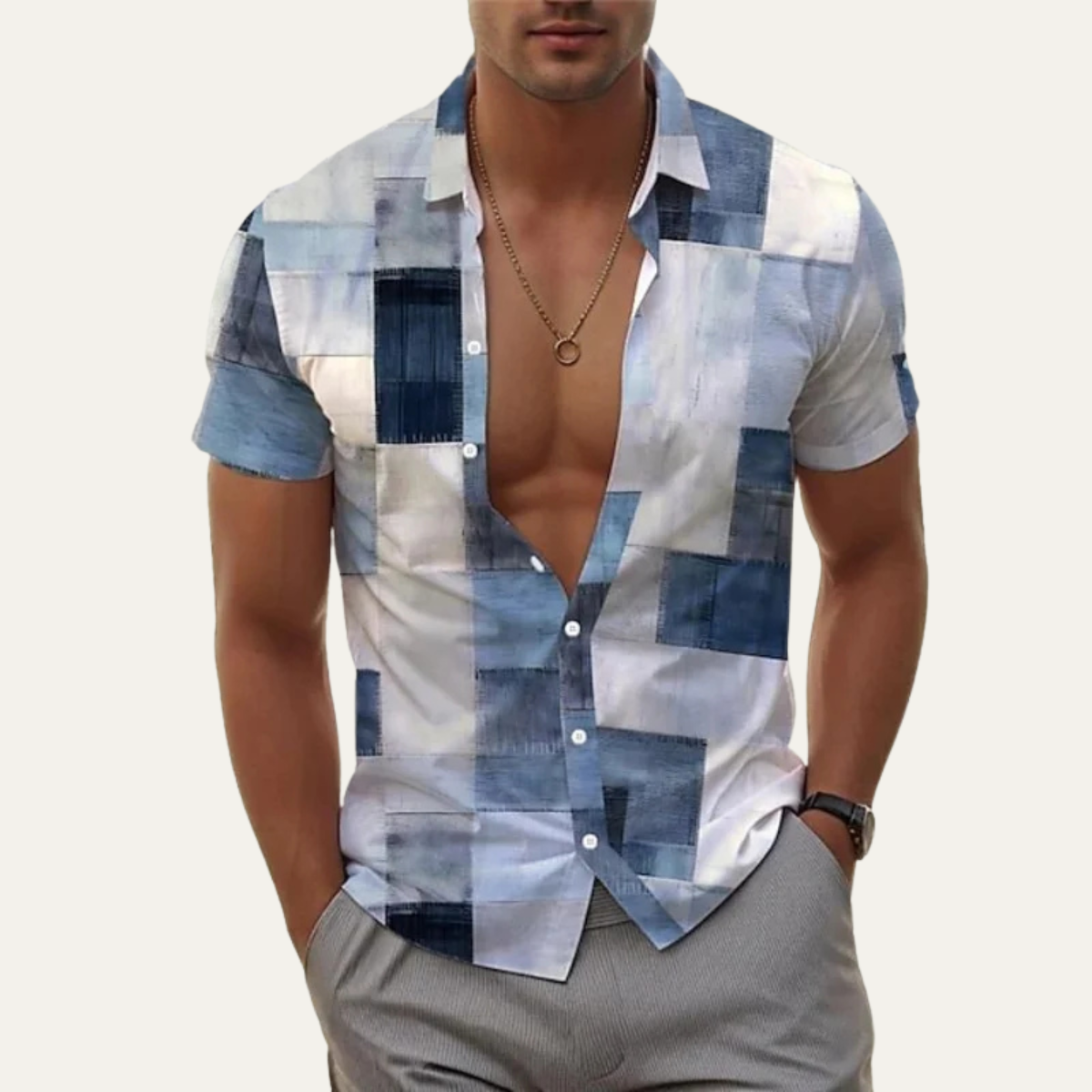 The Alnwick Trendy Patchwork Short Sleeve Button Up Shirt