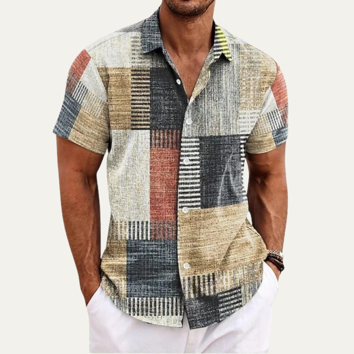 The Alnwick Trendy Patchwork Short Sleeve Button Up Shirt